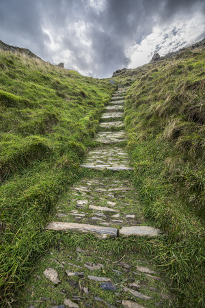 Old ancient rocky cobblestone steps going up a grass hillの写真素材