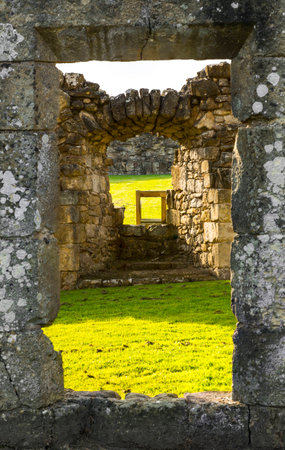 Rectangular ruins with a grass field in the middle of two squaresの写真素材