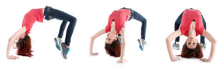 Young Woman in Casual Outfit Stretching Out her Back in Different Directions, Isolated on White...