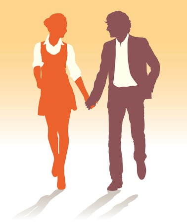 Silhouettes of teenagers couple walking together holding handsのイラスト素材
