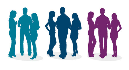 Detailed silhouettes of young people chatting with each other. Young people talking with each other. Guys and girls arguing. Love triangle.のイラスト素材