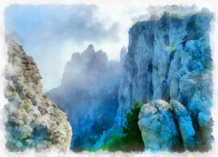 Ai-Petri mountain in Crimea. Cliffs covered by fog. Digital imitation of watercolor painting.の写真素材