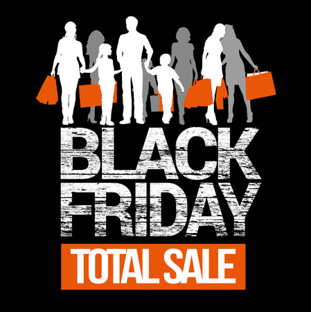 Black Friday total sales lettering. Family shopping detailed silhouettes. Girls with shopping bags silhouettes.のイラスト素材
