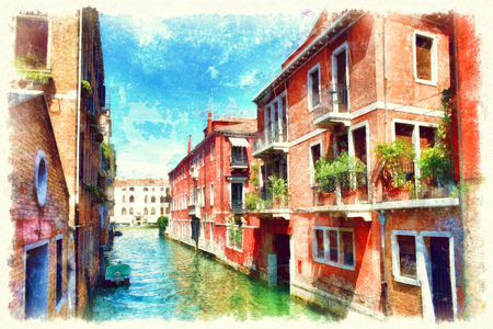 Colorful facades of old medieval houses in Venice, Venice, Italy. Picturesque view of Venetian canal, watercolor painting.の写真素材