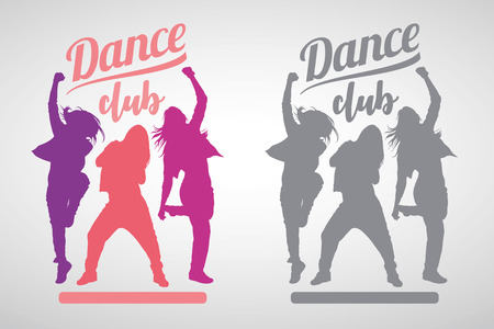 Silhouettes of expressive girls dancing modern dance styles. Vector illustration of dancers with dance club lettering aboveのイラスト素材