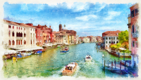 Picturesque view of Venetian Grand Canal with boats, digital imitation of watercolor painting. Colorful facades of old medieval houses over a canal in Venice, Italy.の写真素材
