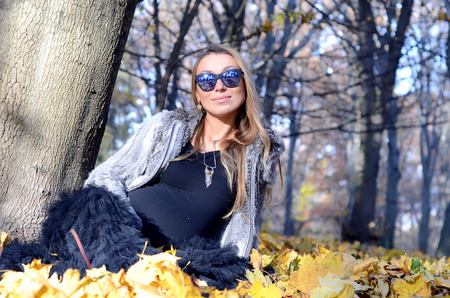 Happy beautiful pregnant white girl with long hair in dark clothing, sunglasses, sitting on yellow leaves in the park, autumn, many yellow leaves, a beautiful sunny dayの写真素材