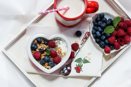 Valentines day breakfast fruits and coffeeの写真素材