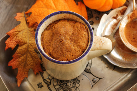 Pumpkin latte mug cake made in microwave easy cakeの写真素材