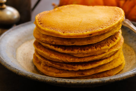 Pumpkin pancake breakfast during autumn fall harvest seasonの写真素材