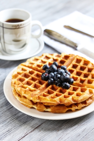 Warm Waffle Breakfast with blueberries  made in a home kitchenの写真素材