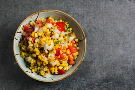 Homemade Grilled corn salsa overhead viewの写真素材