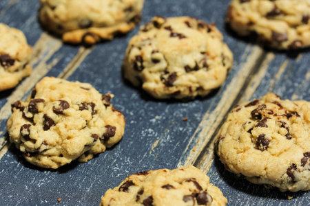 Homemade crispy chocolate chip cookies, selective focus