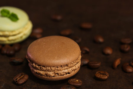 Chocolate Macaron / French macaron cookies on dark moody background, selective focusの写真素材