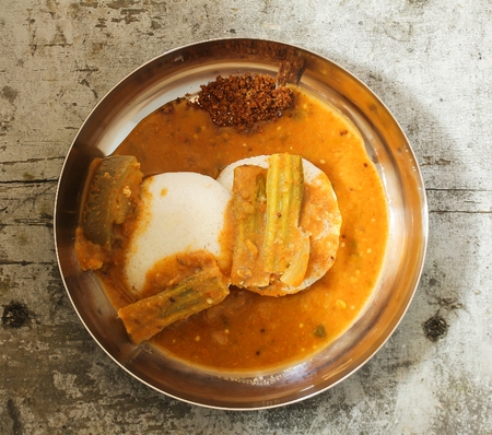 Idli sambar - South Indian breakfast, top down viewの写真素材