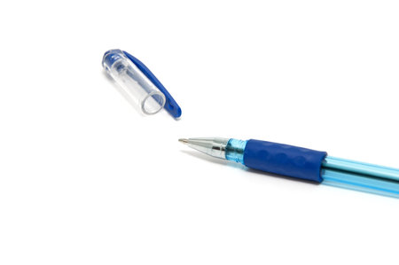 Blue plastic pen on a white backgroundの写真素材