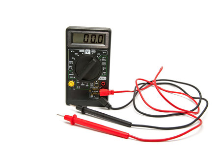 Electronic voltmeter on a white backgroundの写真素材