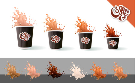 Coffee To Go. Coffee and Milk. Ripple Cups and Splashes Isolated on a White Background.のイラスト素材