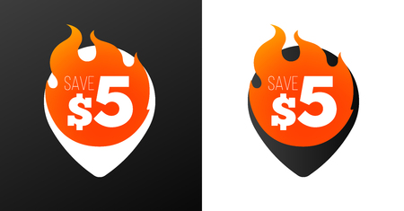 5 dollar discount burning pins. White and Black variations. Isolated vector objects. Vector EPS10のイラスト素材