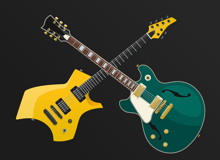 Vintage and modern, green and yellow crossed electric guitars isolated on a black background. Vector EPS10のイラスト素材