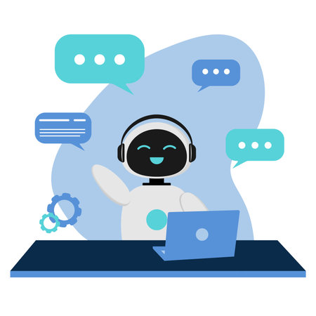 Illustration with an AI chatbot sitting at a laptop and chatting. The character of the robot is very positive, the design is minimalistic in flat style.のイラスト素材