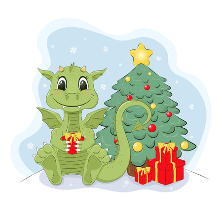 This is a cute cartoon dragon vector illustration, holding a gift box, with a cheerful Christmas tree in the background, created in bright and festive colors, perfect for celebratiのイラスト素材