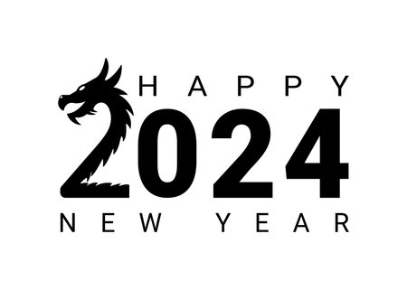 Vector design template for the number 2024 with dragon. The illustration includes a logo in the form of a black label, which can be used for diaries, notebooks, calendars, and webのイラスト素材