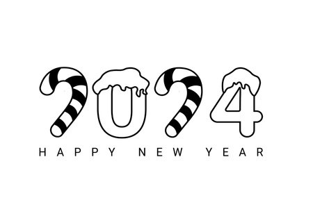 Vector design template for the number 2024 featuring a New Year candy and snow. The illustration includes a logo in the form of a black label.のイラスト素材