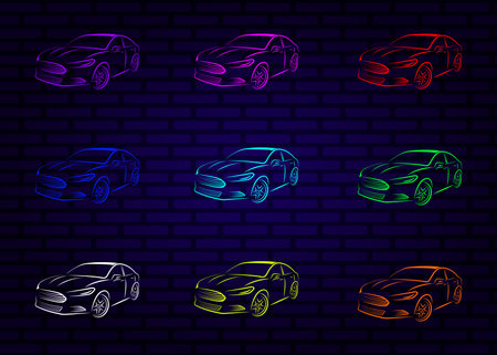 Set of vector illustrations of neon cars in bright neon colors on a blue brick wallのイラスト素材