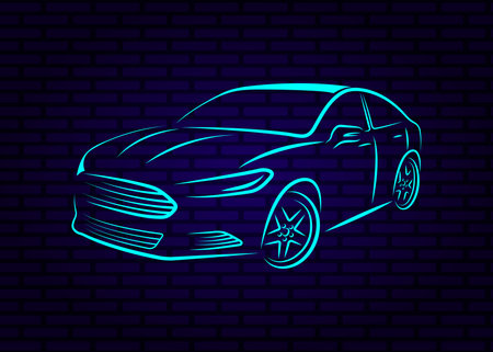 Vector illustration of a neon car on a blue brick wallのイラスト素材