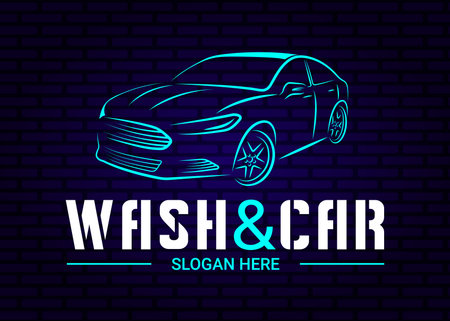 Vector logo illustration for a car wash with a car and text on a blue brick wall.のイラスト素材
