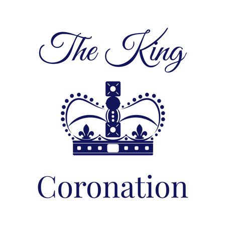 Vector illustration of a coronation in blue color and flat style with a crown and the inscription coronation of a king.のイラスト素材