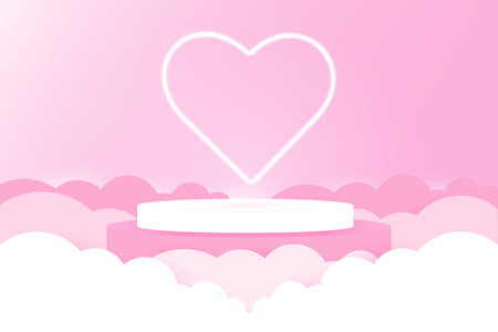 Valentine's Day 3D realistic pastel white pink podium with neon heart and paper cut clouds with backlight. Pastel vector pink background for a love concept for Valentine's Day. Absのイラスト素材