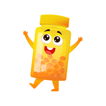 Cartoon volumetric cheerful character of a bottle with vitamins.Vector illustration of a medical bottle with medicines and big eyes and a smile.Children's character isolated webのイラスト素材