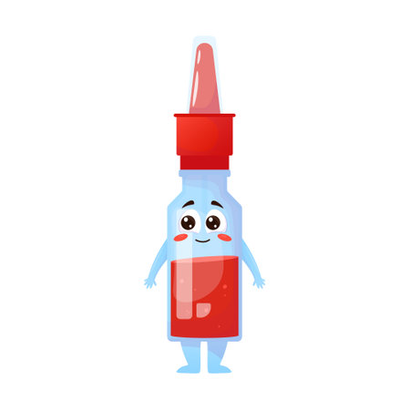 Medical cartoon character of red blue nasal spray with big eyes smile and embarrassment. Vector isolated character for books print web games.Medical mascot to increase sales.のイラスト素材