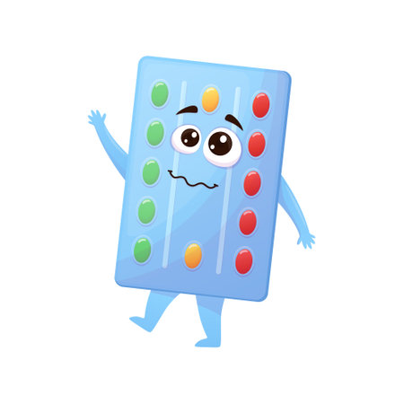 Cartoon medical character in a blister pack with colorful capsules and a funny face. This vector illustration of a medical mascot a transparent background is designed for children.のイラスト素材
