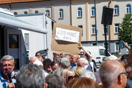 Tabor, Czech Republic - August 04 2022: Election campaign, Andrej Babi tours Czech cities in a camper van, people protest, whistleのeditorial素材