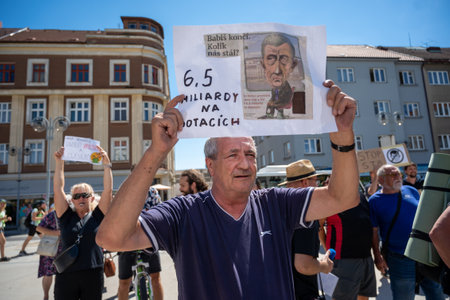 Tabor, Czech Republic - August 04 2022: Election campaign, Andrej Babi tours Czech cities in a camper van, people protest, whistleのeditorial素材