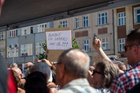 Tabor, Czech Republic - August 04 2022: Election campaign, Andrej Babi tours Czech cities in a camper van, people protest, whistleのeditorial素材
