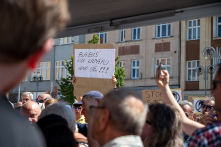 Tabor, Czech Republic - August 04 2022: Election campaign, Andrej Babi tours Czech cities in a camper van, people protest, whistleのeditorial素材