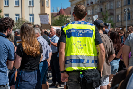 Tabor, Czech Republic - August 04 2022: Election campaign, Andrej Babi tours Czech cities in a camper van, people protest, whistleのeditorial素材