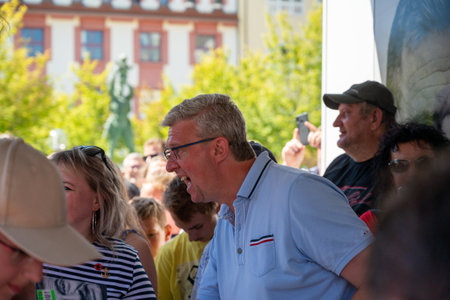 Tabor, Czech Republic - August 04 2022: Election campaign, Andrej Babi tours Czech cities in a camper van, people protest, whistleのeditorial素材