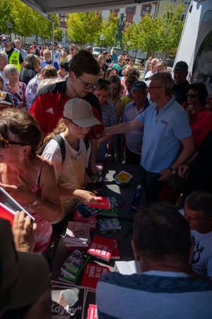 Tabor, Czech Republic - August 04 2022: Election campaign, Andrej Babi tours Czech cities in a camper van, people protest, whistleのeditorial素材