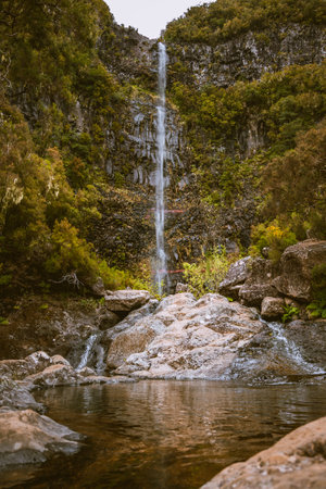 Lagoa do Vento, Risco waterfall in Paul da Serra, Madeira island, Portugal, Rabacal, 25 waterfallsの写真素材