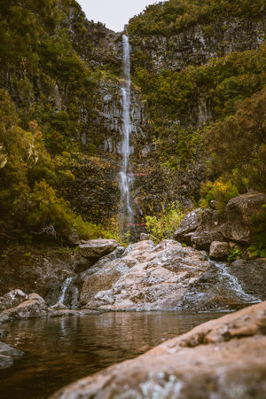 Lagoa do Vento, Risco waterfall in Paul da Serra, Madeira island, Portugal, Rabacal, 25 waterfallsの写真素材