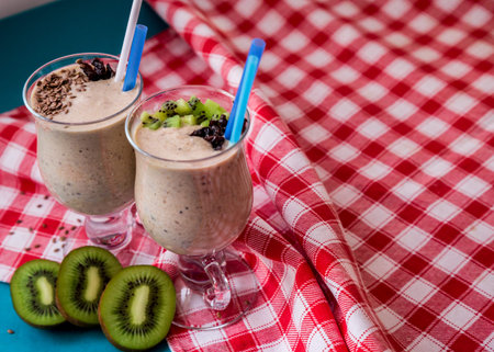 Protein shake decorated with spices and fruitの写真素材