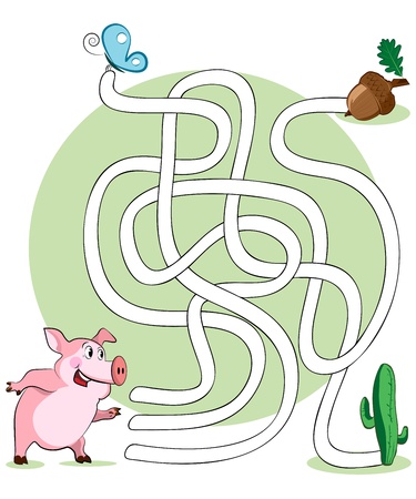  illustration, maze, help the pig reach her nuts, card concept.のイラスト素材