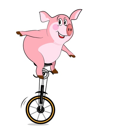 Pig on one wheel. Bicycle With One Wheelのイラスト素材