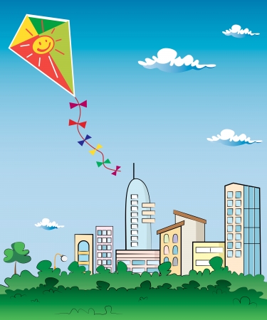 Kite up in the clouds. Panorama townのイラスト素材