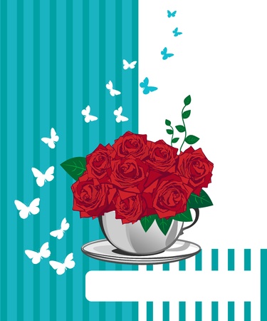 Red rose in a white cup. Happy birthday card designのイラスト素材